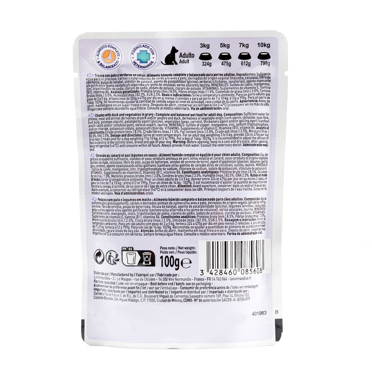 Trozos de Carne Pato y Verduras en salsa - Perro 85 gr